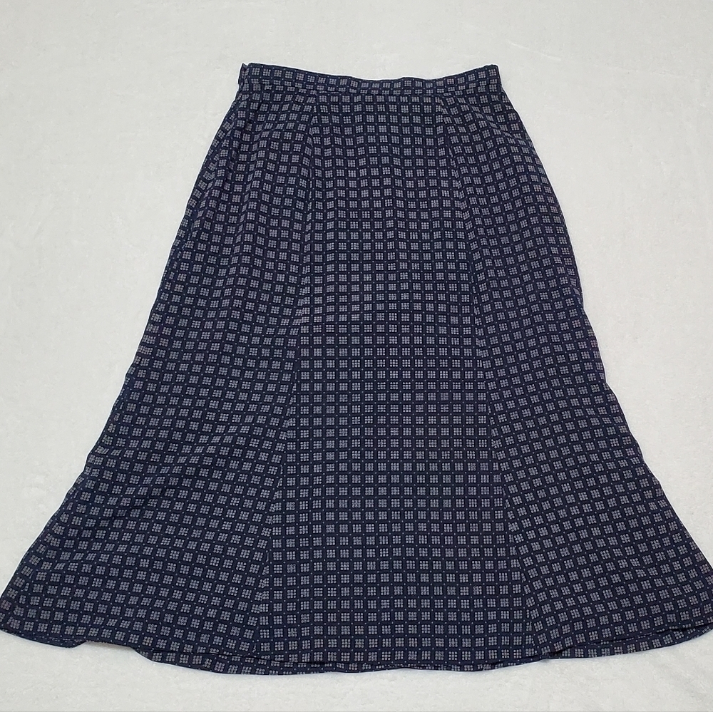 VINTAGE 90s Pendleton Navy Blue Square Print Cropped Blouse Flared Skirt Set 6 - Picture 13 of 16